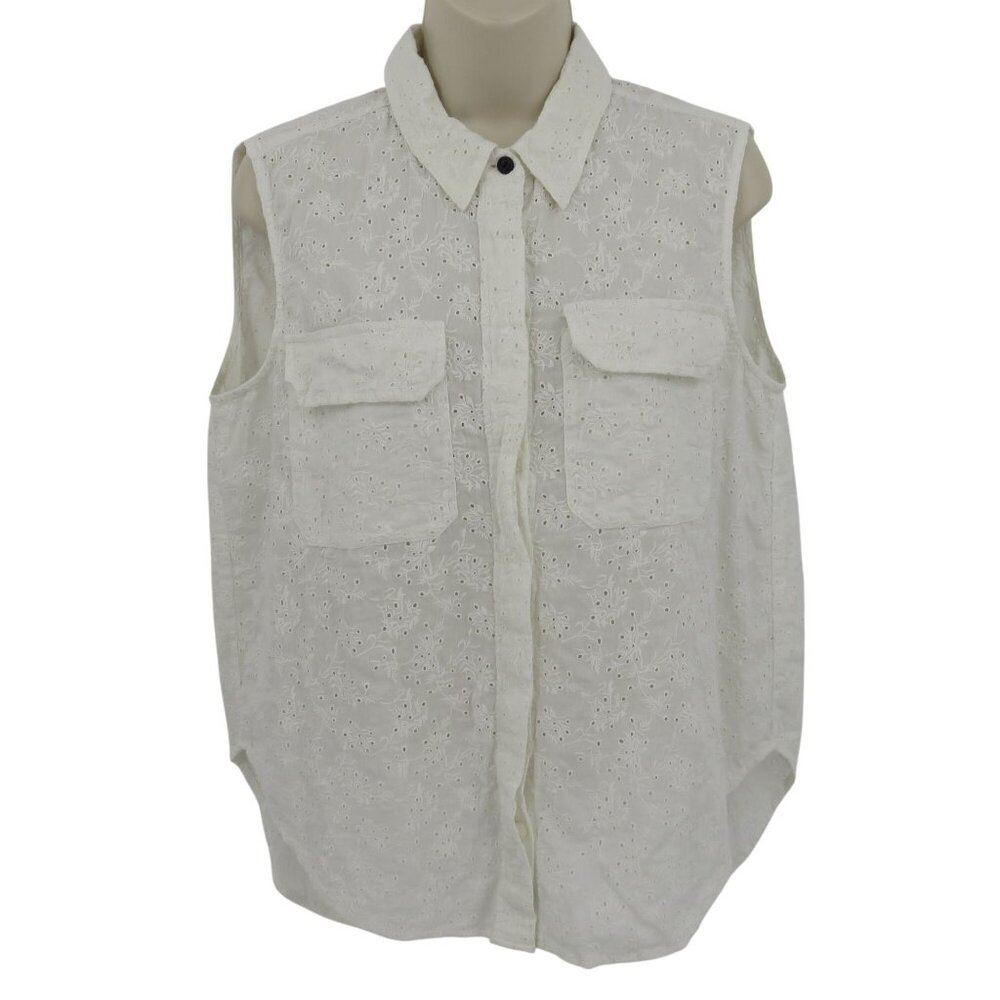 Rag & Bone Women Medium All Cotton Flower Eyelet Sleeveless Shirt Top Off White